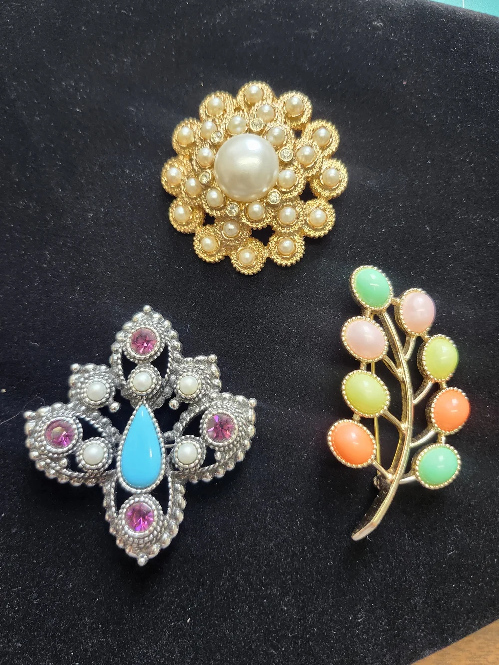Sarah Coventry Gold Pearl Floral Brooch Trio with Multicolor Lot Of 3